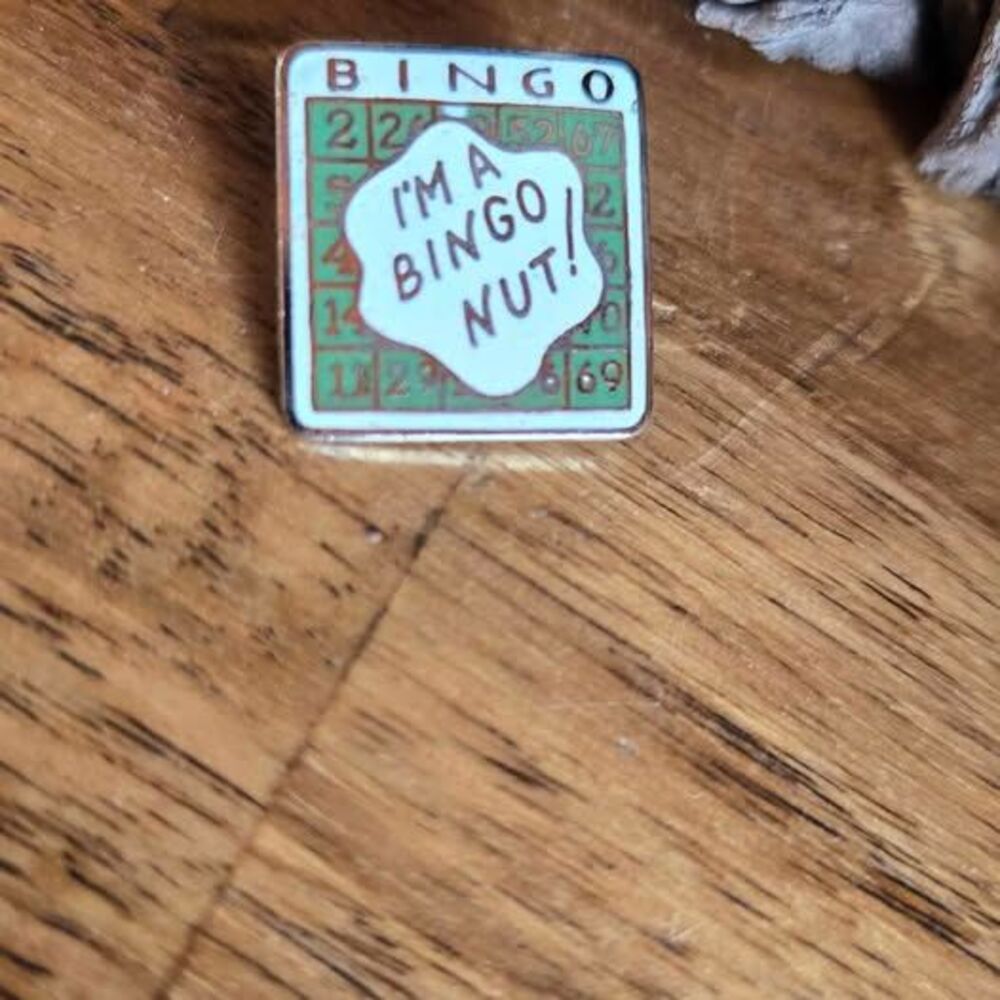 Vintage I'm a Bingo Nut Enamel Lapel Pin Funny Bingo Card Novelty Brooch Badge